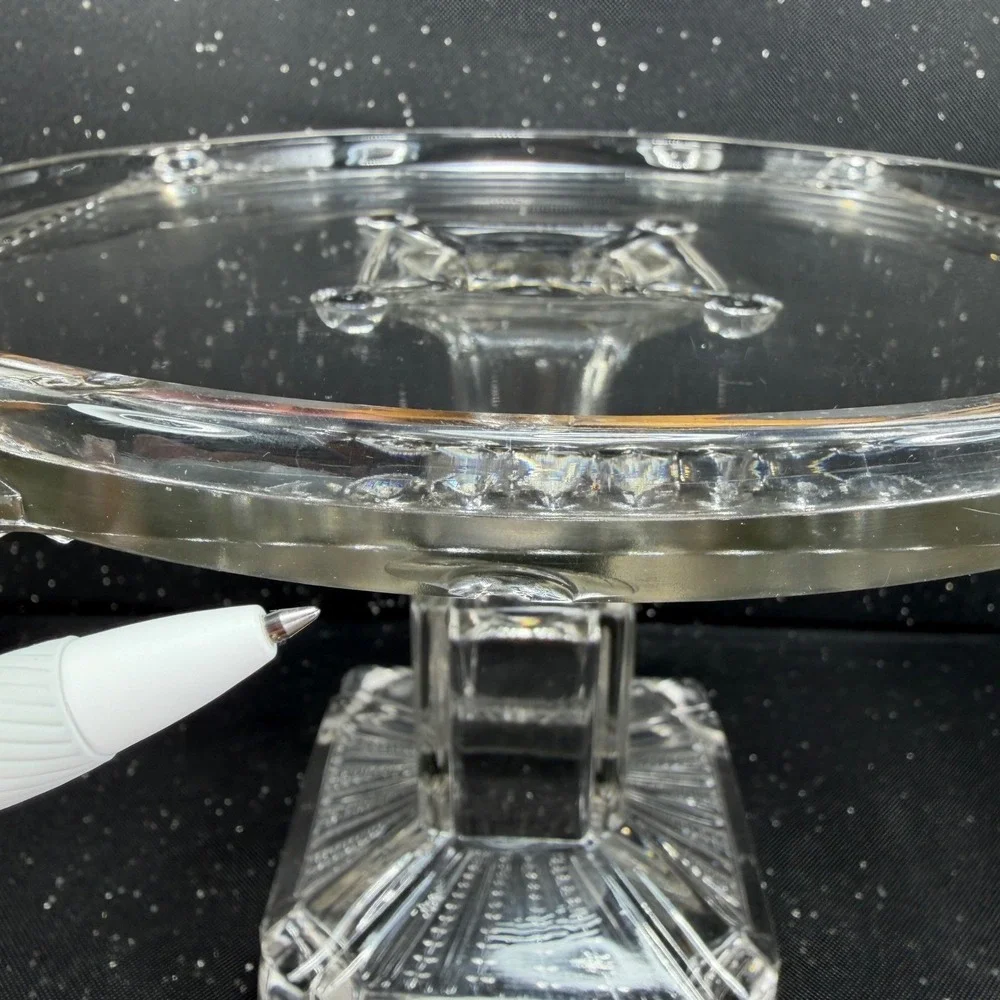 Antique Adams & Co Manganese Glow Glass Cake Stand 8in Tall 10in Wide Clear EAPG